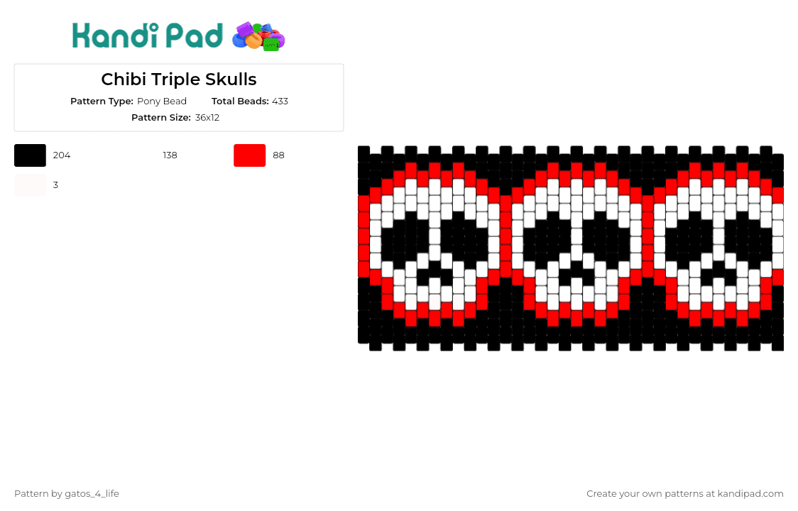 Chibi Triple Skulls - Pony Bead Pattern by gatos_4_life on Kandi Pad - skulls,repeating,halloween,spooky,death,cuff,white,black,red