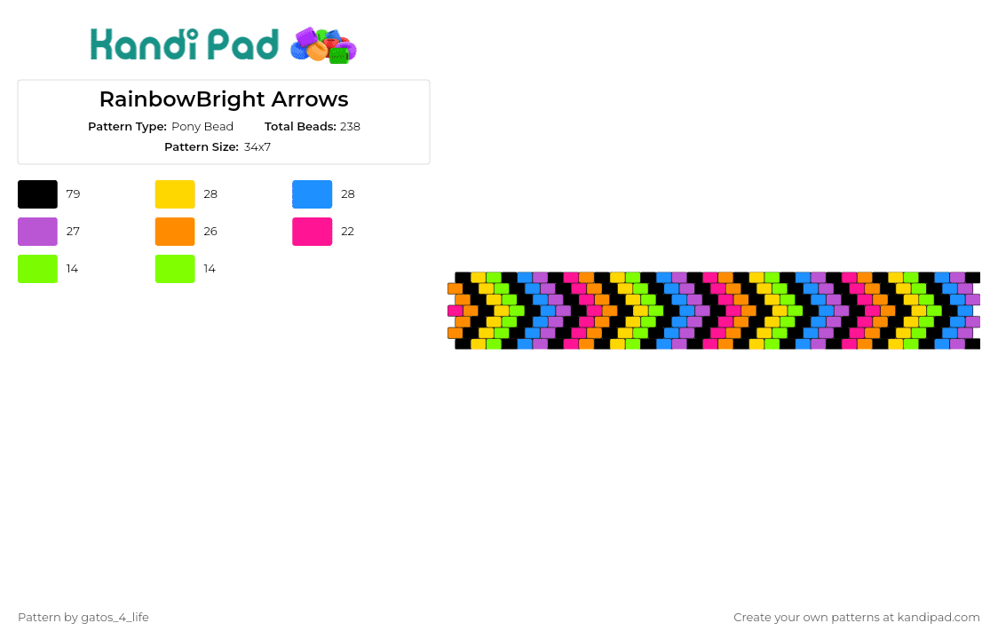 RainbowBright Arrows - Pony Bead Pattern by gatos_4_life on Kandi Pad - chevron,arrows,neon,geometric,colorful,dark,cuff