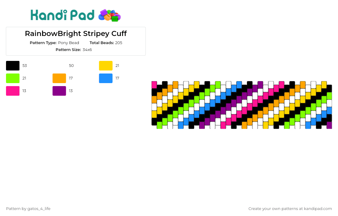 RainbowBright Stripey Cuff - Pony Bead Pattern by gatos_4_life on Kandi Pad - diagonal,stripes,neon,colorful,cuff