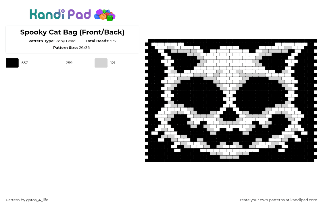 Spooky Cat - Pony Bead Pattern by gatos_4_life on Kandi Pad - cat,spooky,face,animal,bag,panel,creepy,white,black