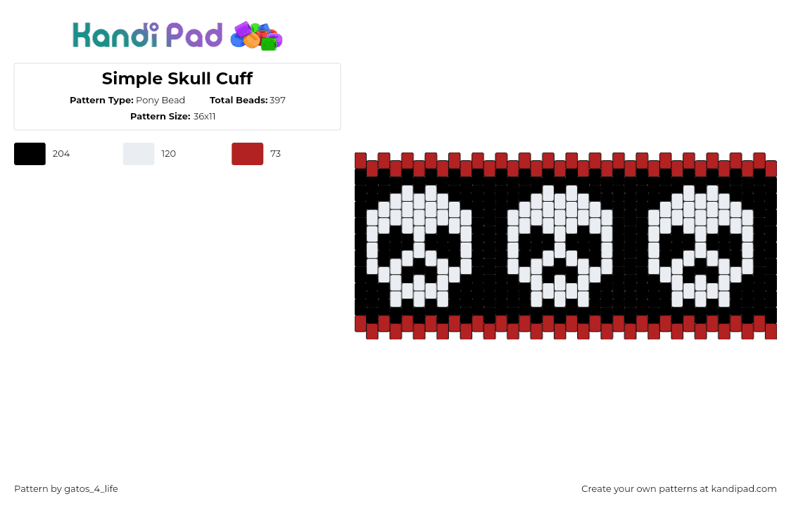 Simple Skull Cuff - Pony Bead Pattern by gatos_4_life on Kandi Pad - skulls,skeleton,spooky,halloween,cuff,death,black,white