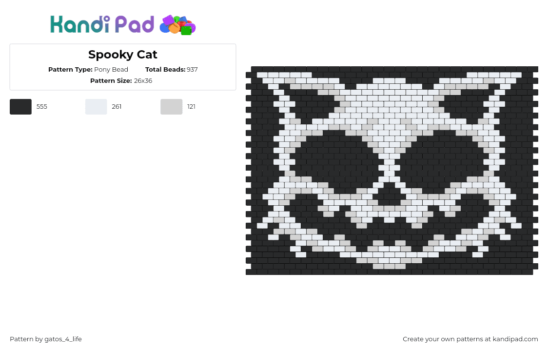 Spooky Cat - Pony Bead Pattern by gatos_4_life on Kandi Pad - cat,spooky,face,animal,bag,panel,halloween,creepy,white,black