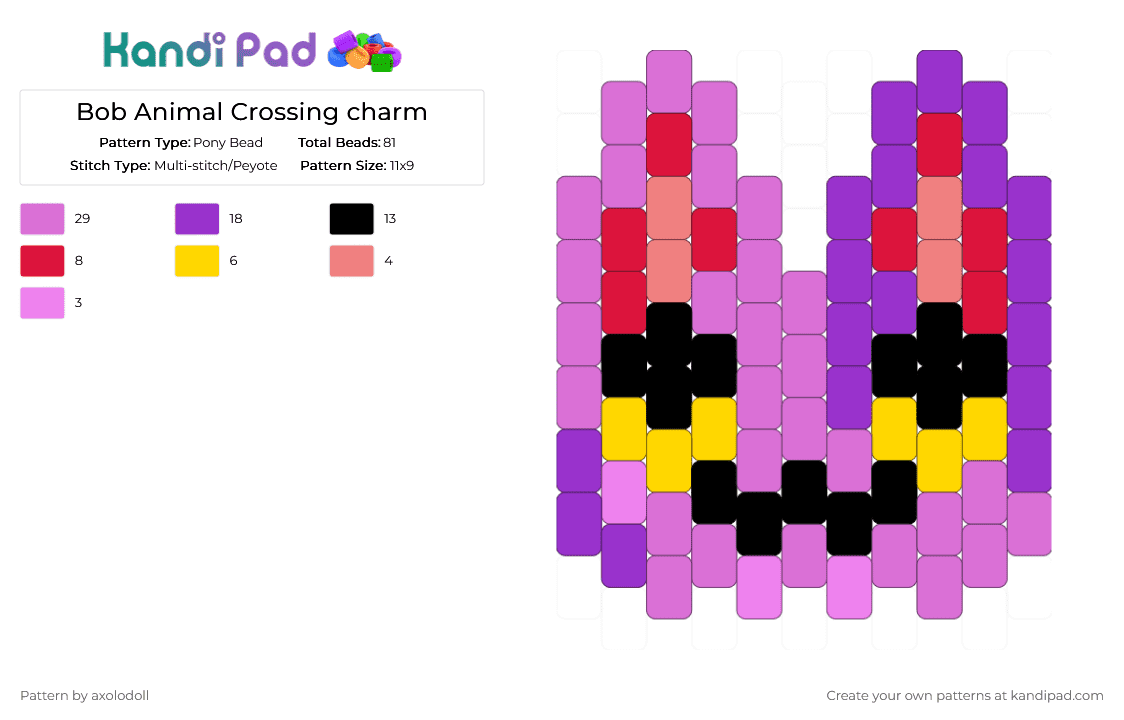 Bob Animal Crossing charm - Pony Bead Pattern by axolodoll on Kandi Pad - purple,pink,animal crossing,cat,charm