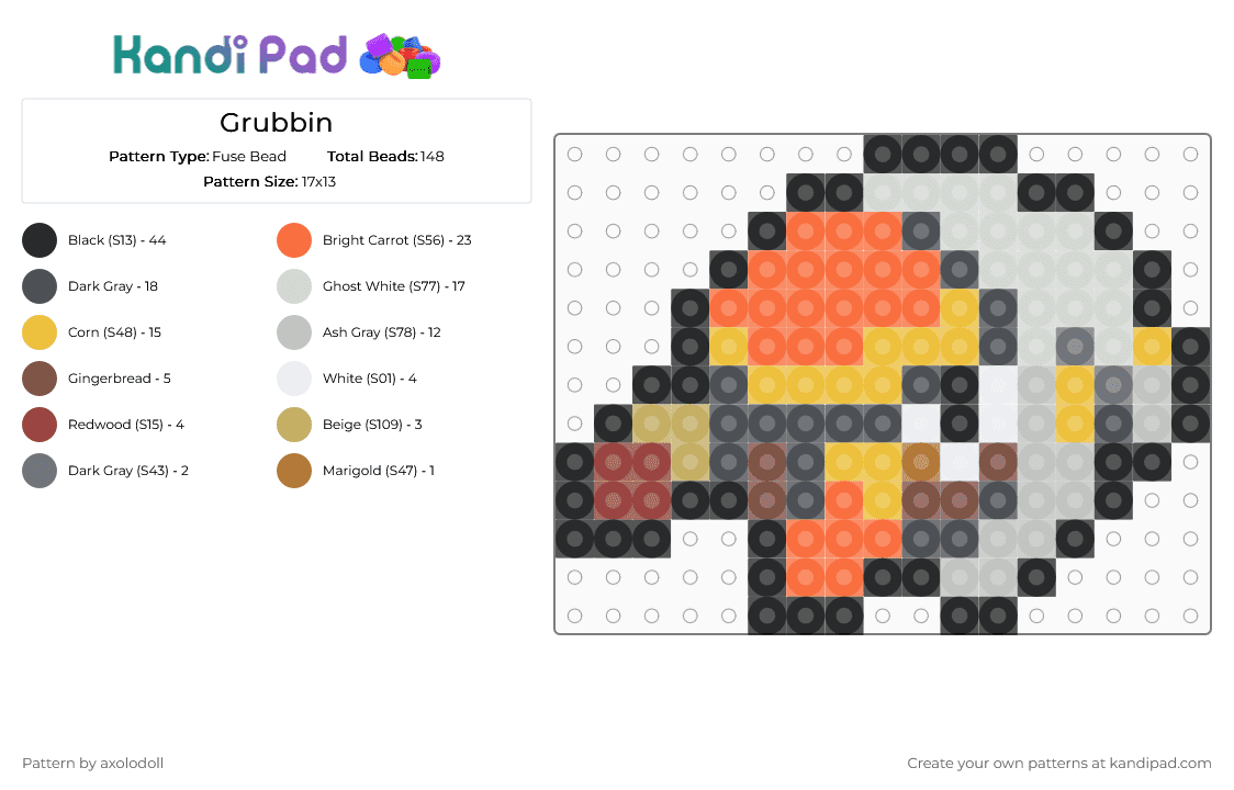 Grubbin - Fuse Bead Pattern by axolodoll on Kandi Pad - yellow,gray,orange,beige,grubbin,pokemon
