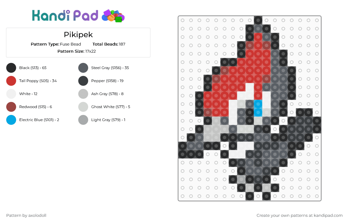 Pikipek - Fuse Bead Pattern by axolodoll on Kandi Pad - red,gray,pokemon,pikipek