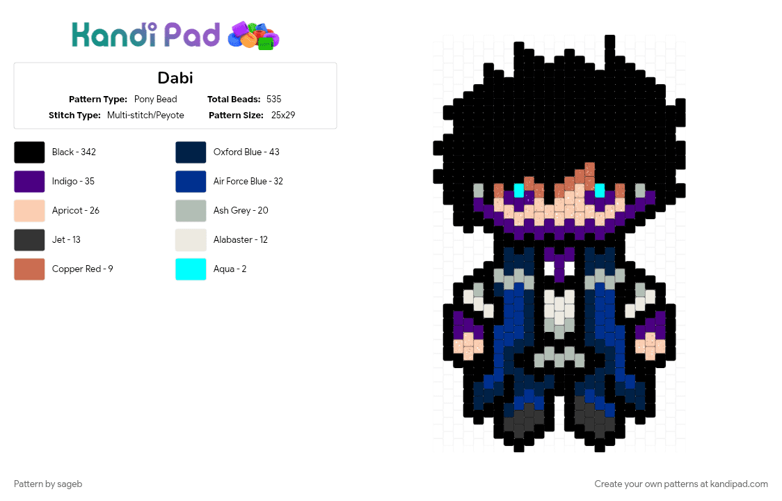 Dabi - Pony Bead Pattern by sageb on Kandi Pad - beige, black, blue, purple