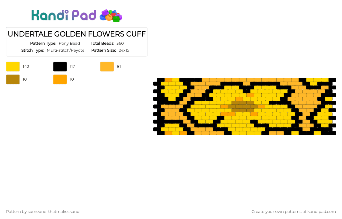 UNDERTALE GOLDEN FLOWERS CUFF - Pony Bead Pattern by someone_thatmakeskandi on Kandi Pad - orange,yellow