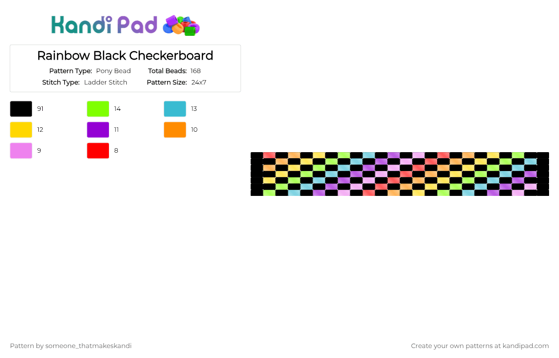 Rainbow Black Checkerboard - Pony Bead Pattern by someone_thatmakeskandi on Kandi Pad - black,yellow,light blue,colorful