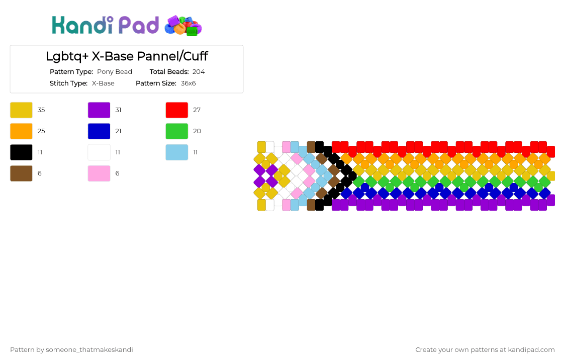 Lgbtq+ X-Base Pannel/Cuff - Pony Bead Pattern by deleted_user_240030 on Kandi Pad - yellow,orange,red,purple