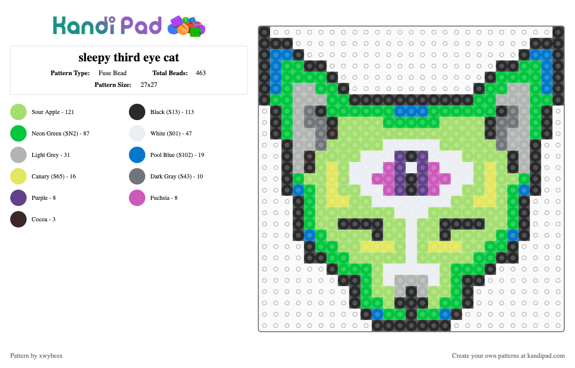 sleepy third eye cat - Fuse Bead Pattern by xwybesx on Kandi Pad - green