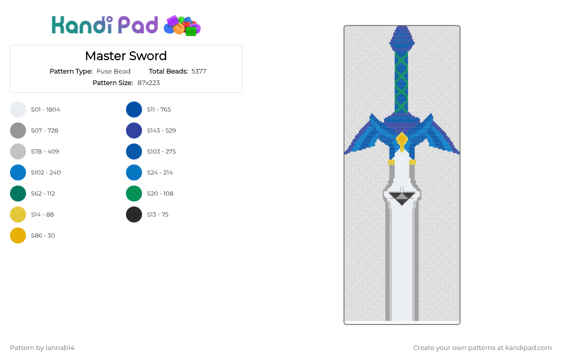 Master Sword - Fuse Bead Pattern by lannab14 on Kandi Pad - blue,purple,gray,beige