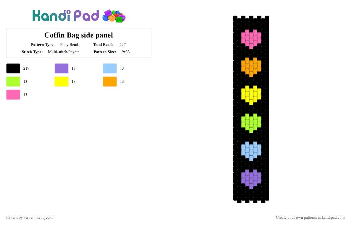 Coffin Bag side panel - Pony Bead Pattern by serpentineobjector on Kandi Pad - black,light blue,yellow,pink,colorful