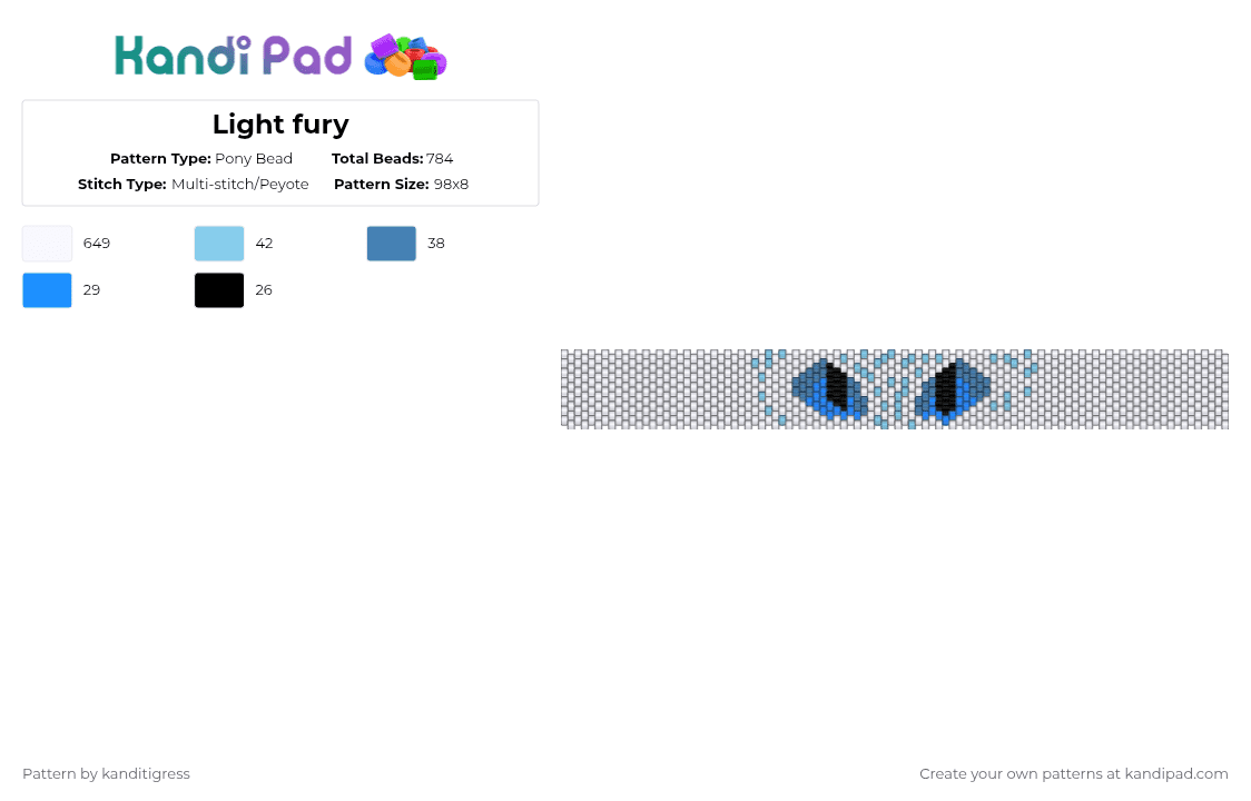Light fury - Pony Bead Pattern by kanditigress on Kandi Pad - white,blue,light blue