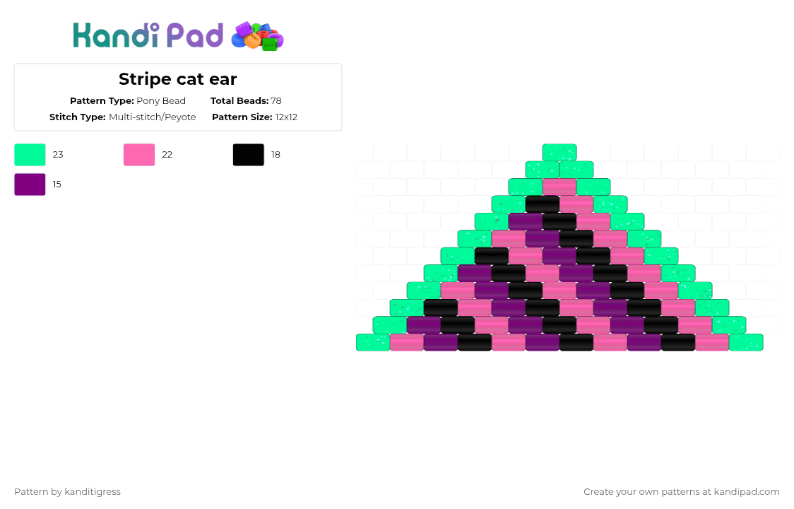 Stripe cat ear - Pony Bead Pattern by kanditigress on Kandi Pad - teal,pink