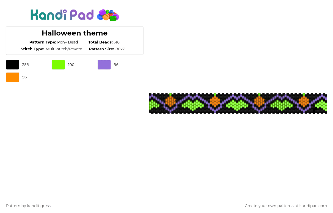 Halloween theme - Pony Bead Pattern by kanditigress on Kandi Pad - halloween,bats,pumpkins,cuff,theme,holiday,party,october,spooky,decoration,event,black,purple,green