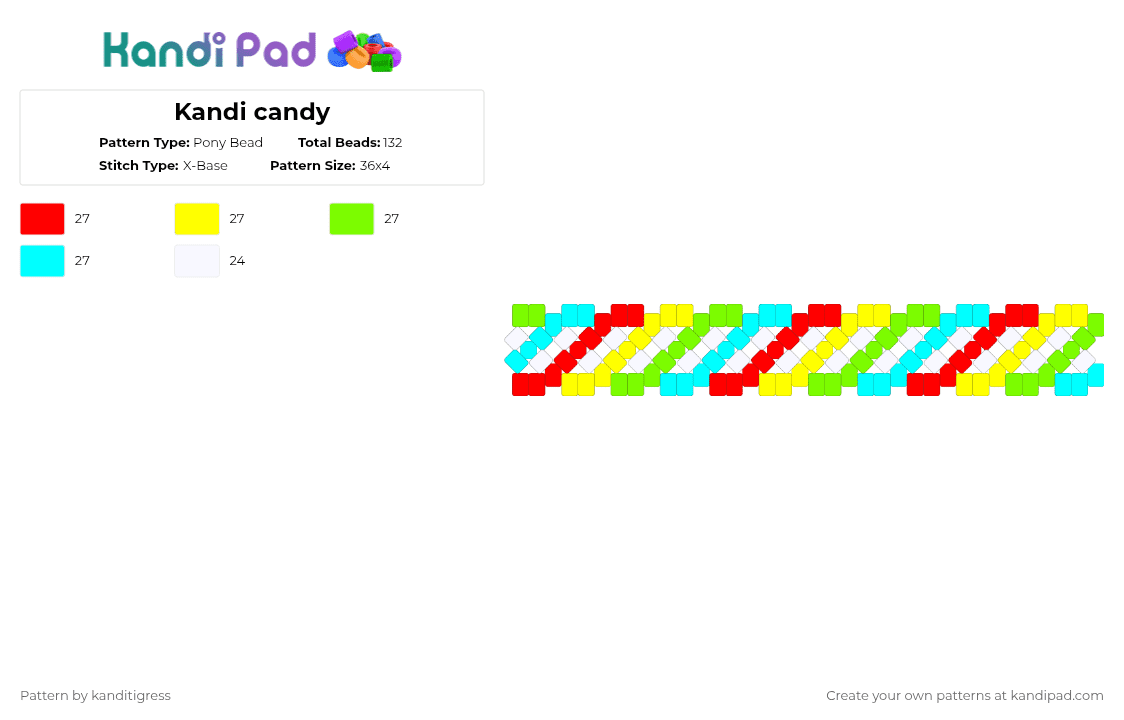 Kandi candy - Pony Bead Pattern by kanditigress on Kandi Pad - red,yellow,green,light blue