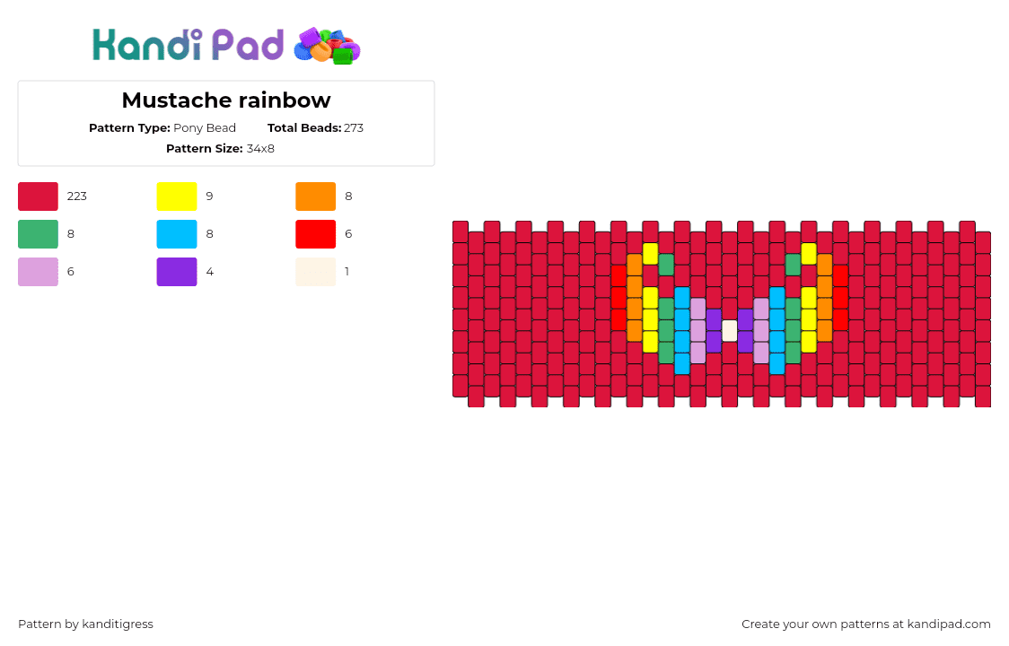 Mustache rainbow - Pony Bead Pattern by kanditigress on Kandi Pad - mustache,hair,cuff,rainbow,red