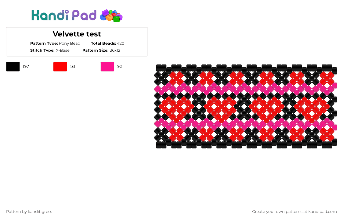 Velvette test - Pony Bead Pattern by kanditigress on Kandi Pad - pink, red