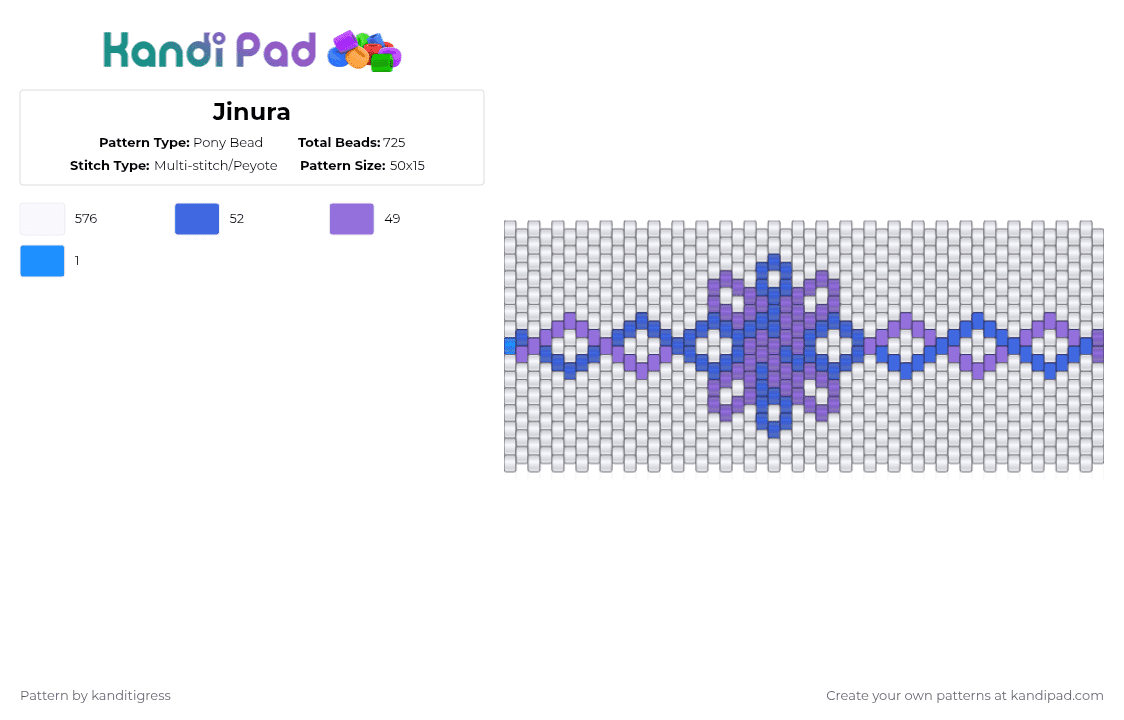 Jinura - Pony Bead Pattern by kanditigress on Kandi Pad - white,blue,purple