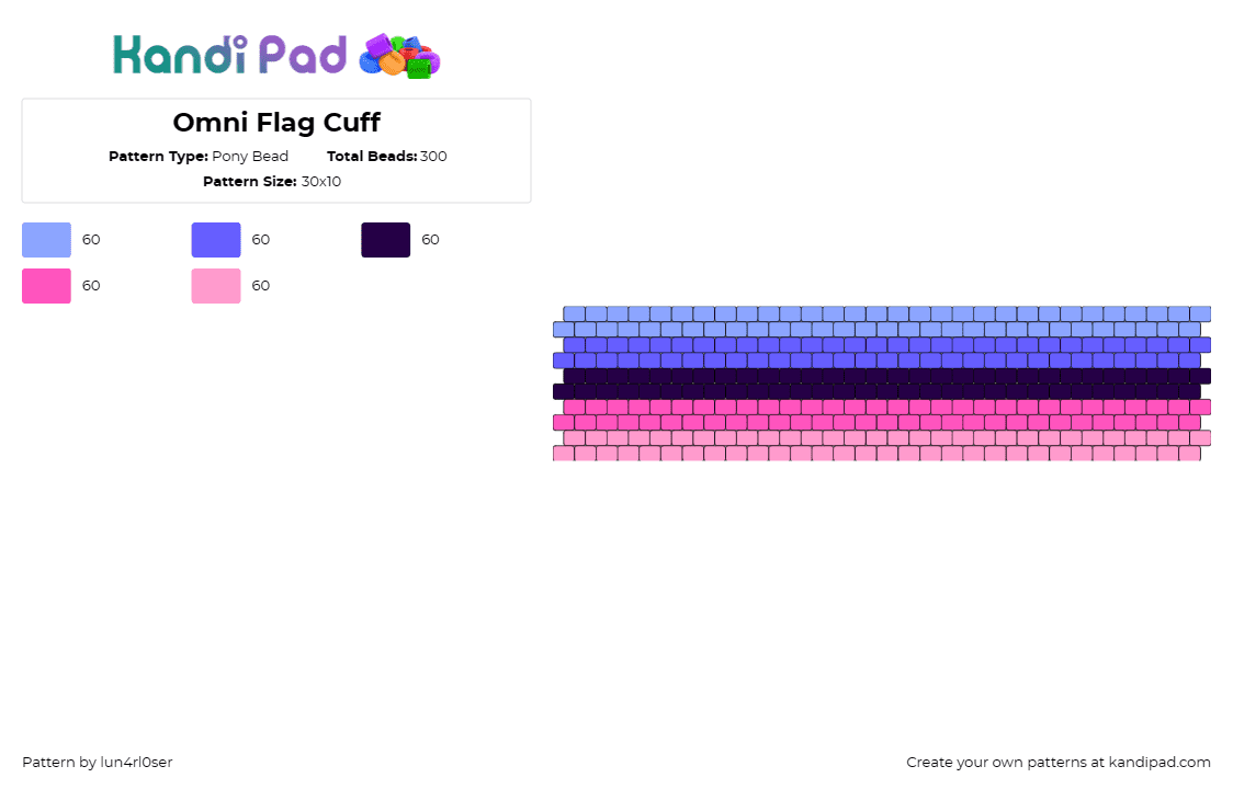 Omni Flag Cuff - Pony Bead Pattern by lun4rl0ser on Kandi Pad - omni,pride,flag,cuff,horizontal,stripes,pastel,purple,pink