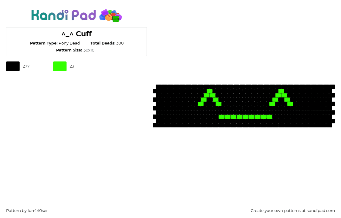 ^_^ Cuff - Pony Bead Pattern by lun4rl0ser on Kandi Pad - emoticon,technology,face,digital,cuff,emoji,green,black