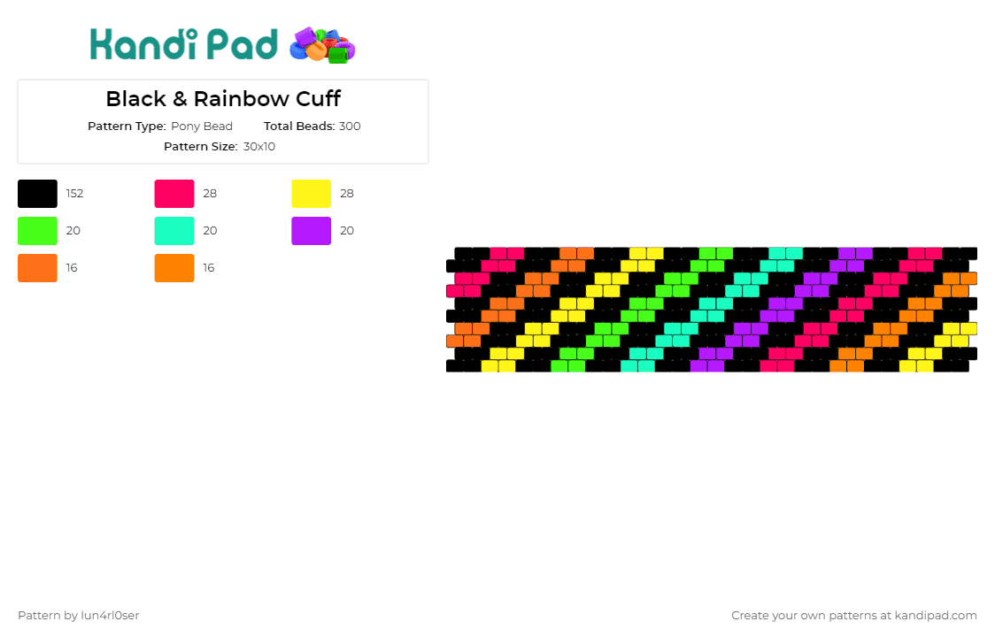 Black & Rainbow Cuff - Pony Bead Pattern by lun4rl0ser on Kandi Pad - rainbows,cuff,colorful,stripes