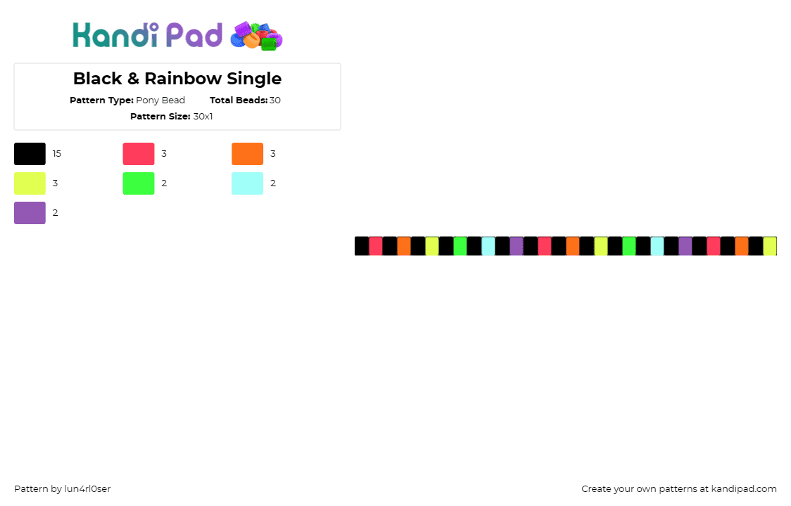 Black & Rainbow Single - Pony Bead Pattern by lun4rl0ser on Kandi Pad - rainbows,singles,stripes