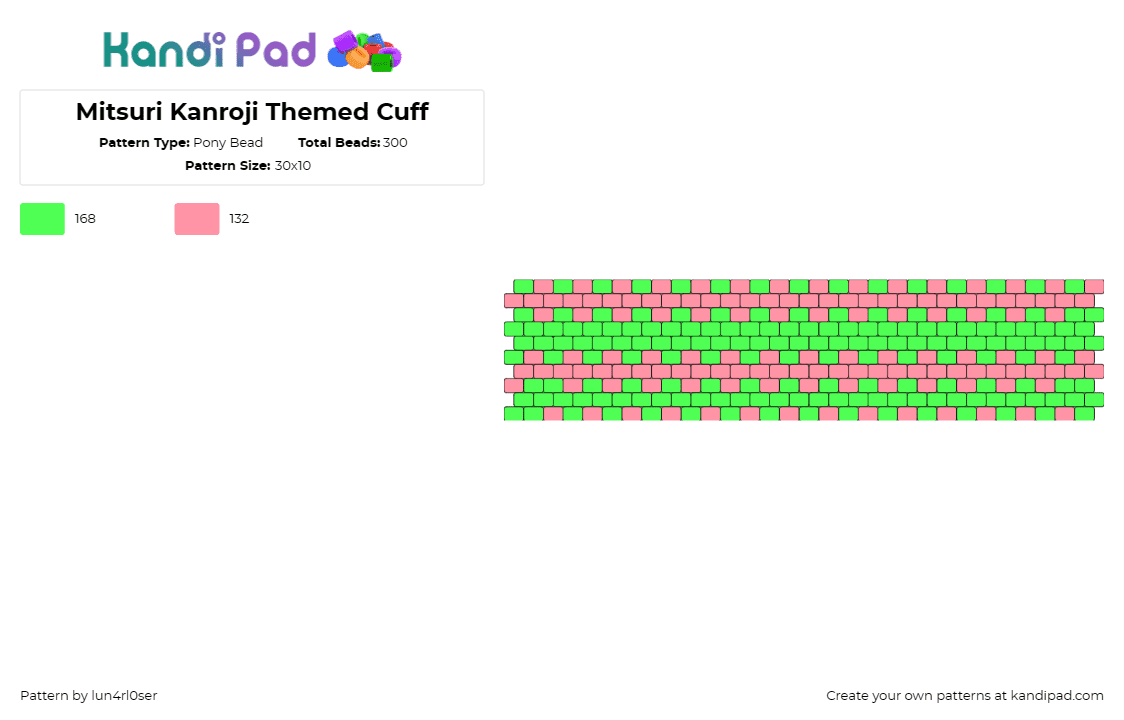 Mitsuri Kanroji Themed Cuff - Pony Bead Pattern by lun4rl0ser on Kandi Pad - mitsuri kanroji,demon slayer,cuff,anime,green,pink