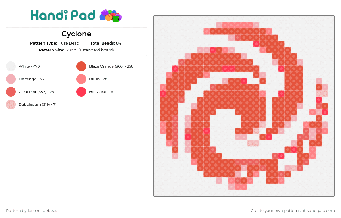 Cyclone - Fuse Bead Pattern by lemonadebees on Kandi Pad - cyclone,spiral,twister,tornado,swirl,red