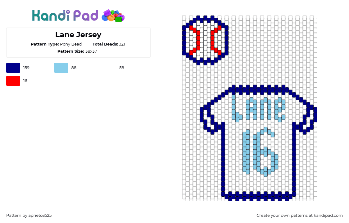 Lane Jersey - Pony Bead Pattern by aprieto3525 on Kandi Pad - jersey,baseball,sports,athlete,number,blue