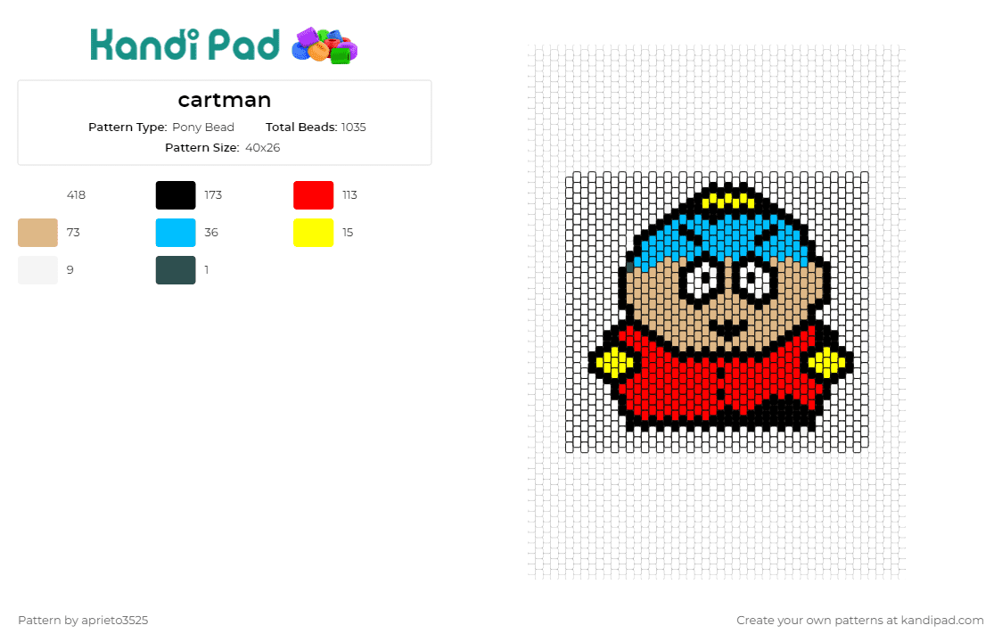 cartman - Pony Bead Pattern by aprieto3525 on Kandi Pad - cartman,south park,character,comedy,tv show,animated,cartoon,red,tan,light blue