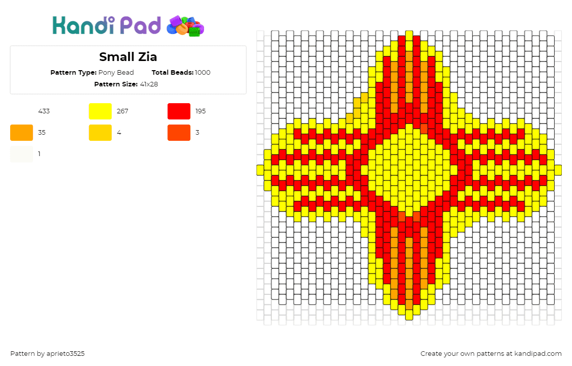 Small Zia - Pony Bead Pattern by aprieto3525 on Kandi Pad - zia,new mexico,sun,symbol,yellow,red