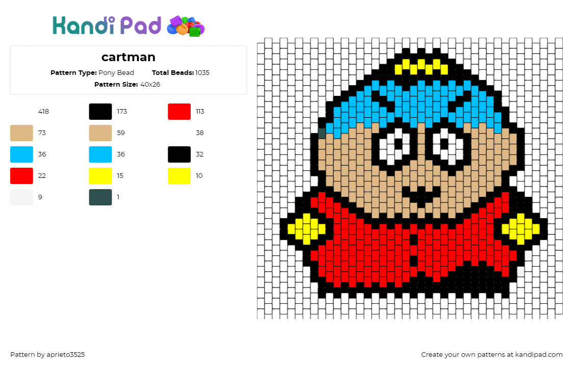 cartman - Pony Bead Pattern by aprieto3525 on Kandi Pad - cartman,south park,character,comedy,tv show,animated,cartoon,red,tan,light blue