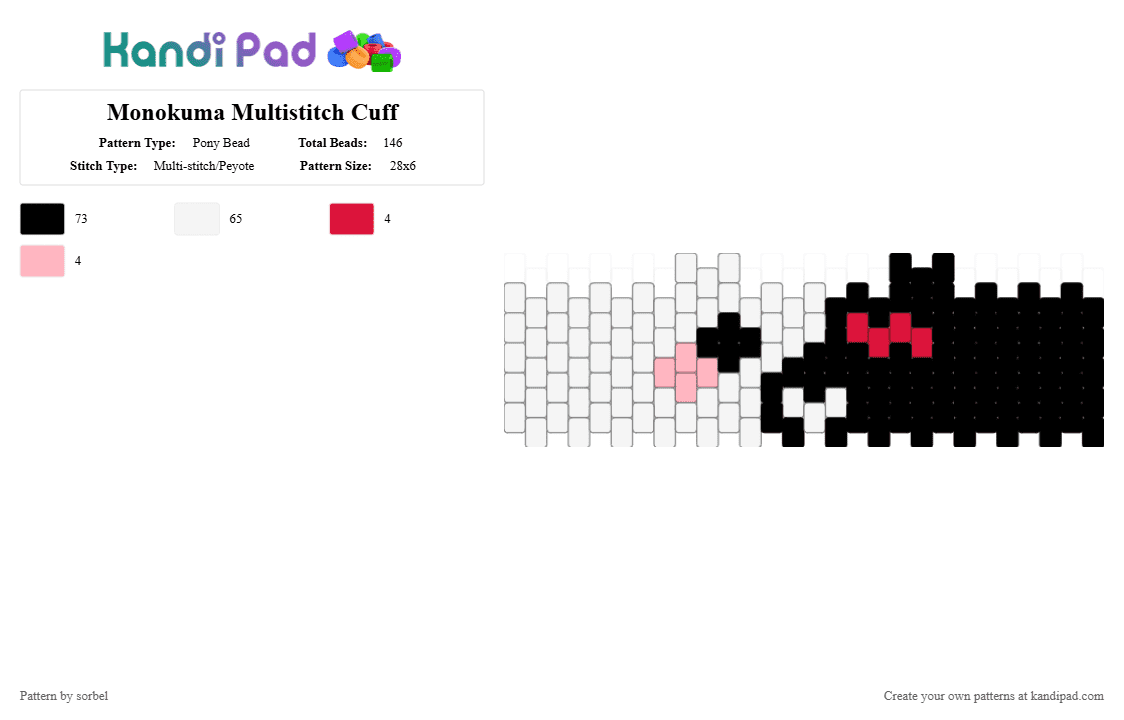 Monokuma Multistitch Cuff - Pony Bead Pattern by sorbel on Kandi Pad - pink, red, white