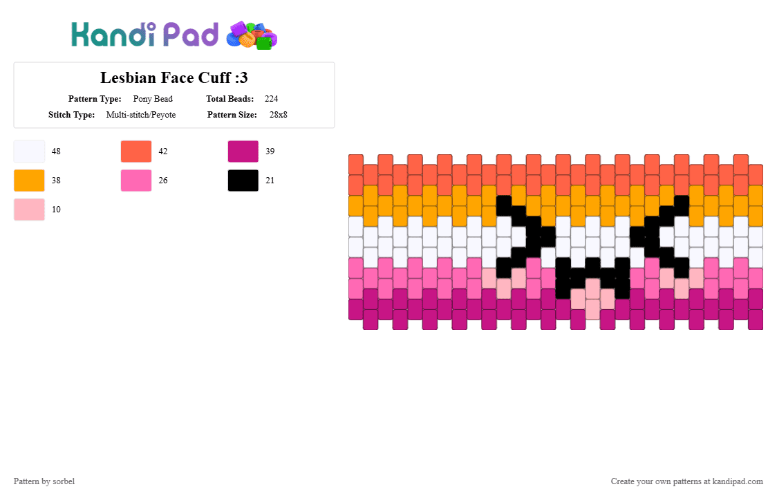 Lesbian Face Cuff :3 - Pony Bead Pattern by sorbel on Kandi Pad - lesbian, lgbtq, multistitch, pink, silly, swag