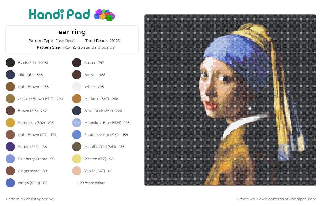 ear ring - Fuse Bead Pattern by christopherlng on Kandi Pad - girl,pearl earring,painting,art,female,portrait,gold,blue,black,beige