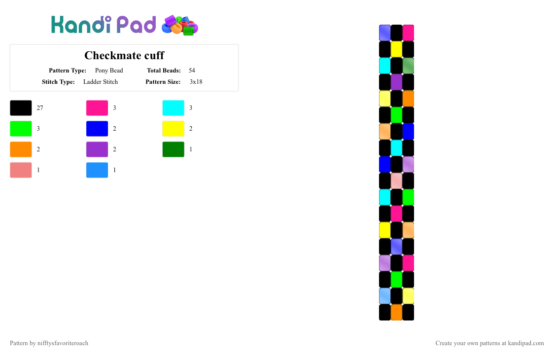 Checkmate cuff - Pony Bead Pattern by nifftysfavoriteroach on Kandi Pad - abstraction, black, checkmate, colorful, glitch, gooseworx, kinger, light blue, orange, purple, queenie, tadc, the amazing digital circus