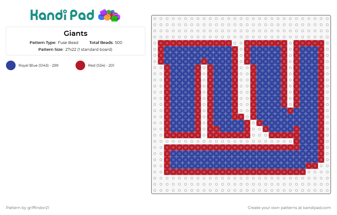 Giants - Fuse Bead Pattern by griffindor21 on Kandi Pad - giants,new york,ny,football,logo,sports,team,blue,red
