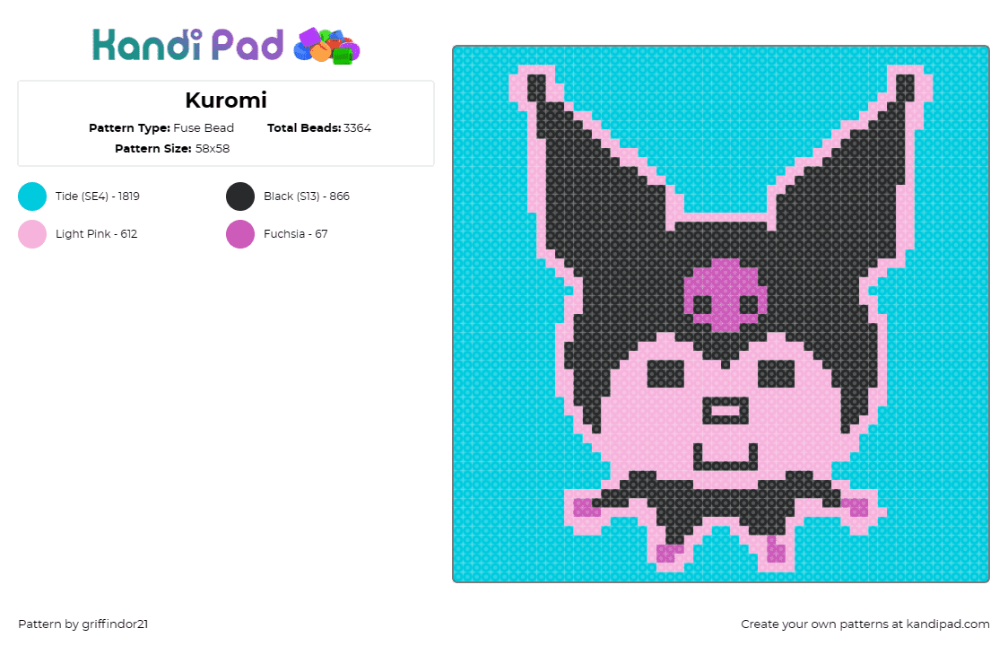 Kuromi - Fuse Bead Pattern by griffindor21 on Kandi Pad - kuromi,sanrio,kawaii,character,black,white,pink