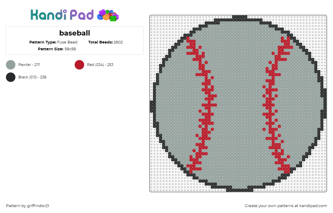 baseball - Fuse Bead Pattern by griffindor21 on Kandi Pad - baseball,sports,athletic,gray,red