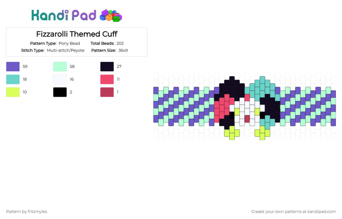 Fizzarolli Themed Cuff - Pony Bead Pattern by fritzmyles on Kandi Pad - fizzarolli, hellaverse, helluva boss, imp, purple, teal