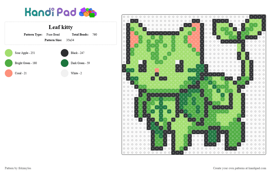 Leaf kitty - Fuse Bead Pattern by fritzmyles on Kandi Pad - green,cat,cute