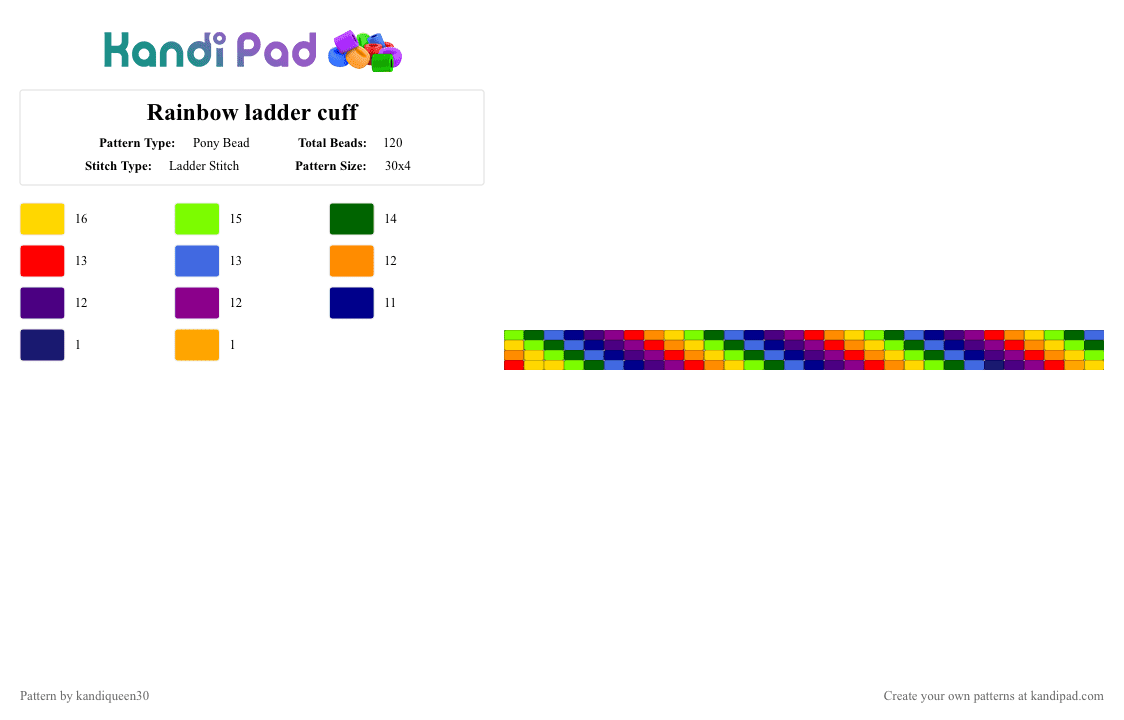Rainbow ladder cuff - Pony Bead Pattern by kandiqueen30 on Kandi Pad - green, pride, purple, rainbow, scene, yellow