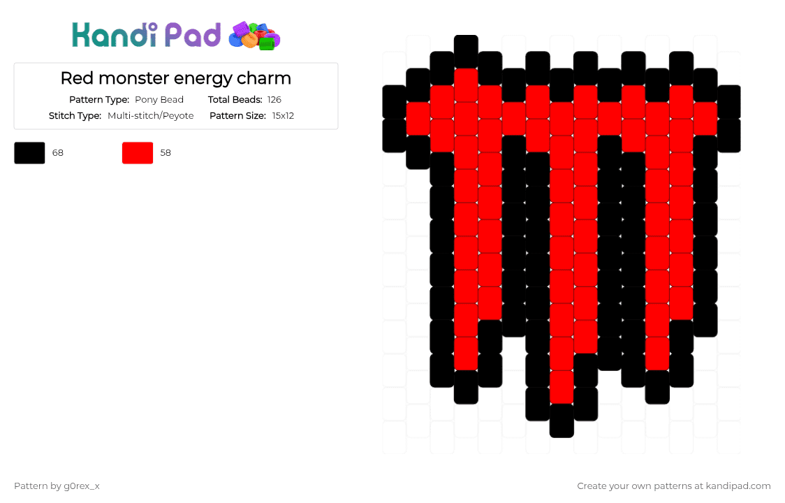 Red monster energy charm - Pony Bead Pattern by g0rex_x on Kandi Pad - black,red,monster,scemo,emo