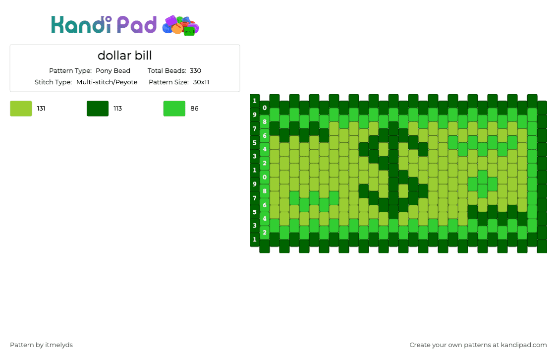 dollar bill - Pony Bead Pattern by itmelyds on Kandi Pad - green