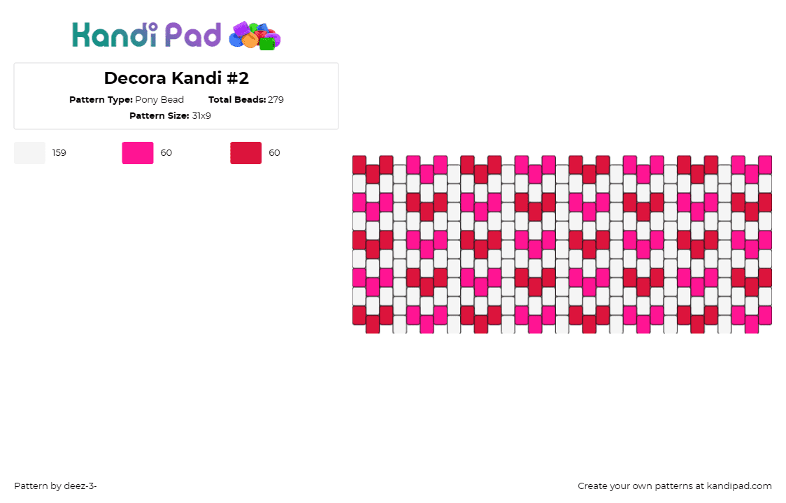 Decora Kandi #2 - Pony Bead Pattern by deez-3- on Kandi Pad - hearts,love,repeating,affection,valentine,panel,pink,red