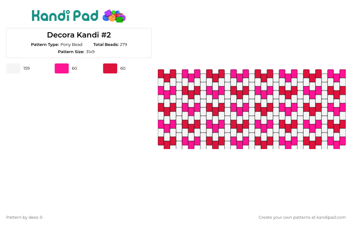 Decora Kandi #2 - Pony Bead Pattern by deez-3- on Kandi Pad - hearts,love,repeating,affection,valentine,panel,pink,red