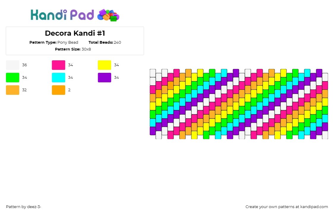 Decora Kandi #1 - Pony Bead Pattern by deez-3- on Kandi Pad - diagonal,stripes,rainbow,colorful,cuff