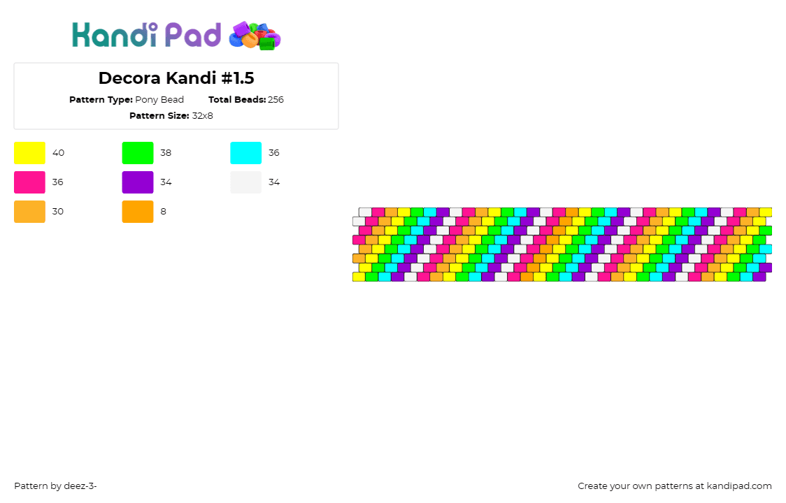 Decora Kandi #1.5 - Pony Bead Pattern by deez-3- on Kandi Pad - diagonal,stripes,colorful,rainbow,cuff,repeating