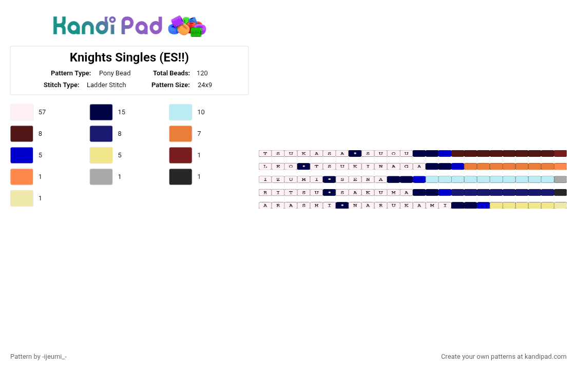 Knights Singles (ES!!) - Pony Bead Pattern by -ijeumi_- on Kandi Pad - white,purple,light blue